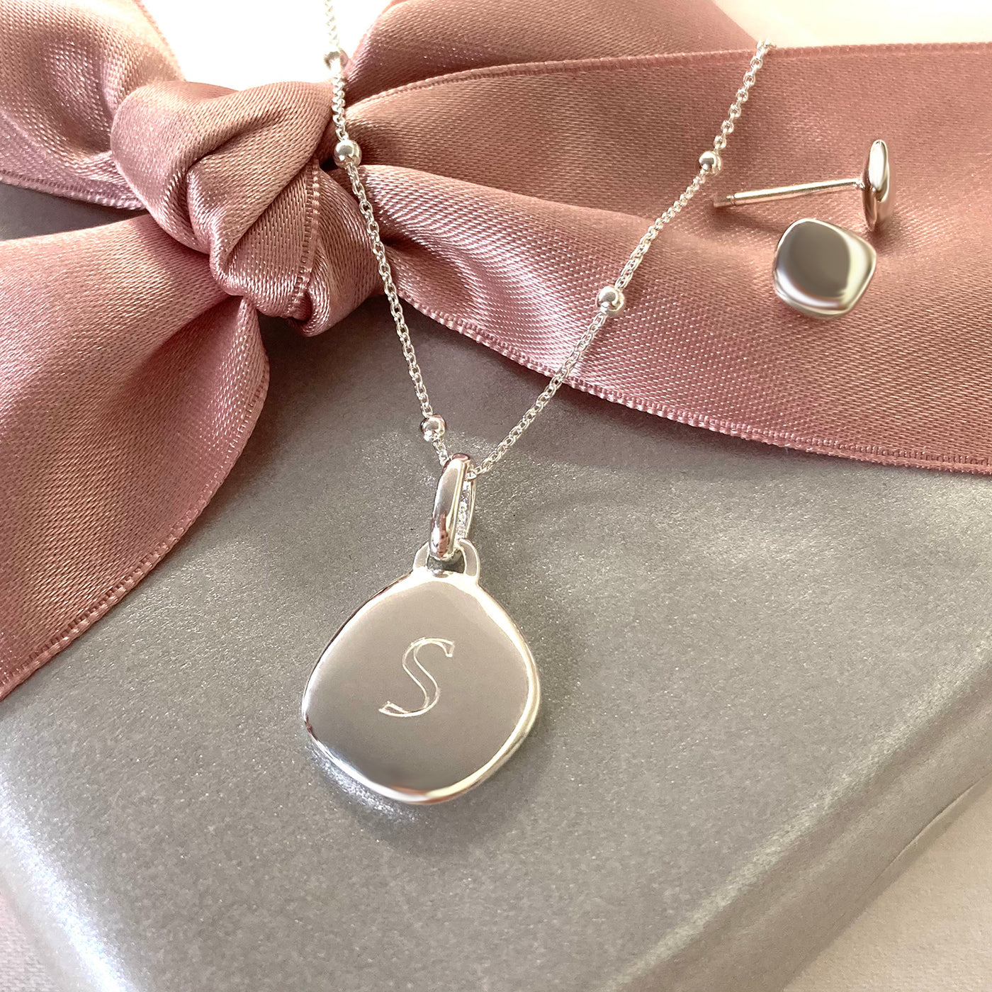 Lena Pebble Necklace with Beaded Chain, Sterling Silver
